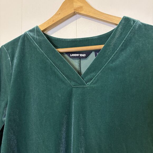 Lands End Women's Small Velvet/Velour Top Green V-Neck 3/4 Sleeve Jewel Romantic - Picture 4 of 12
